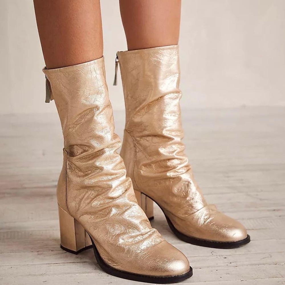 Free People | Champagne Gold Date Night Elle Block Heel Slouchy Metallic Boot 38